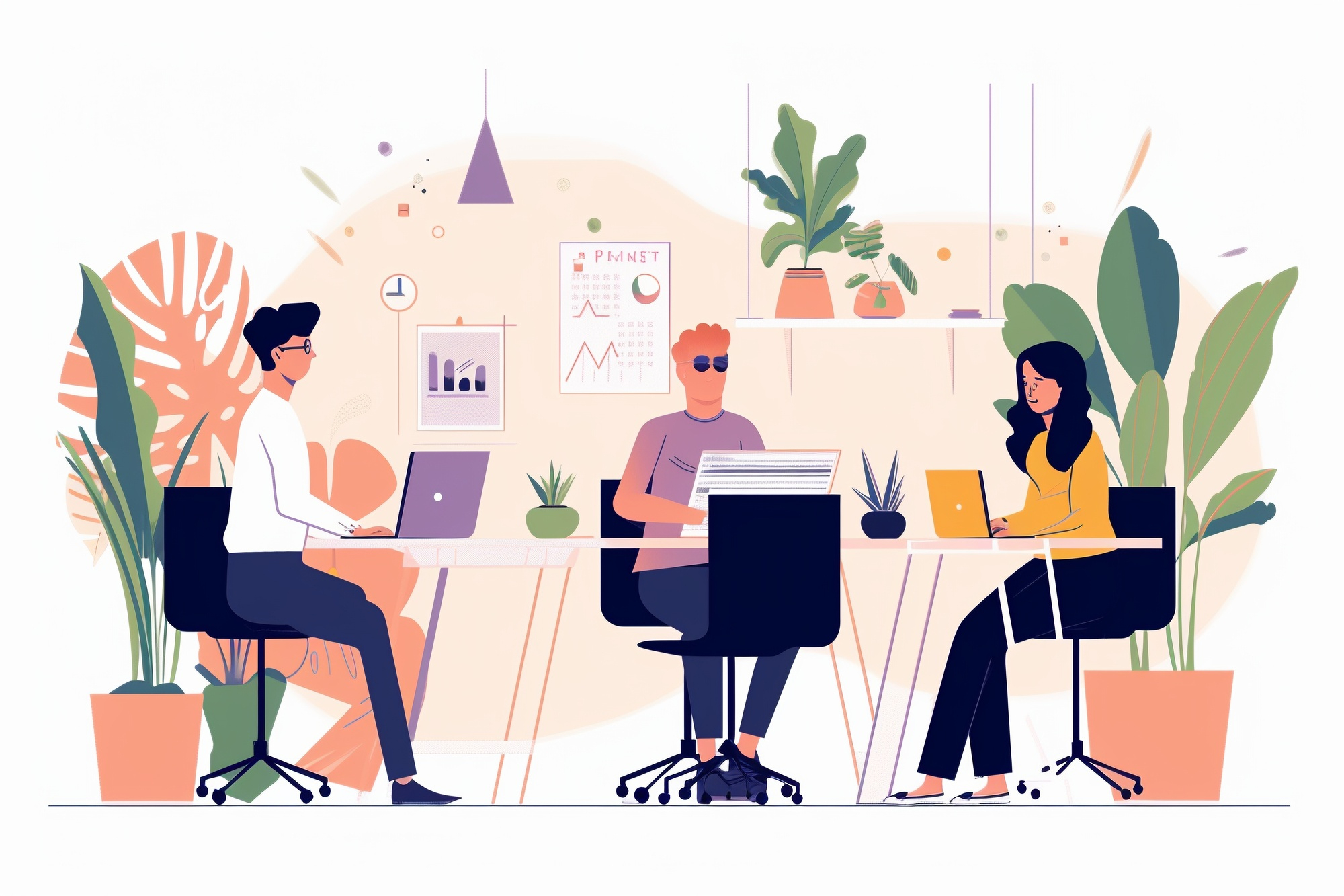 Drei Personen sitzen mit ihren Laptops am Tisch und arbeiten